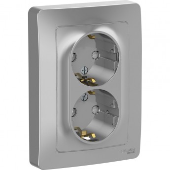 Розетка двойная SCHNEIDER ELECTRIC BLANCA с/у, с заземлением, со шторками, 16А, 250В, алюминий