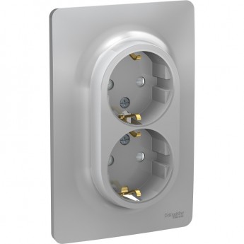 Розетка SCHNEIDER ELECTRIC UNICA NEW двойная, с заземлением, со шторками, с винтовыми зажимами, алюминий